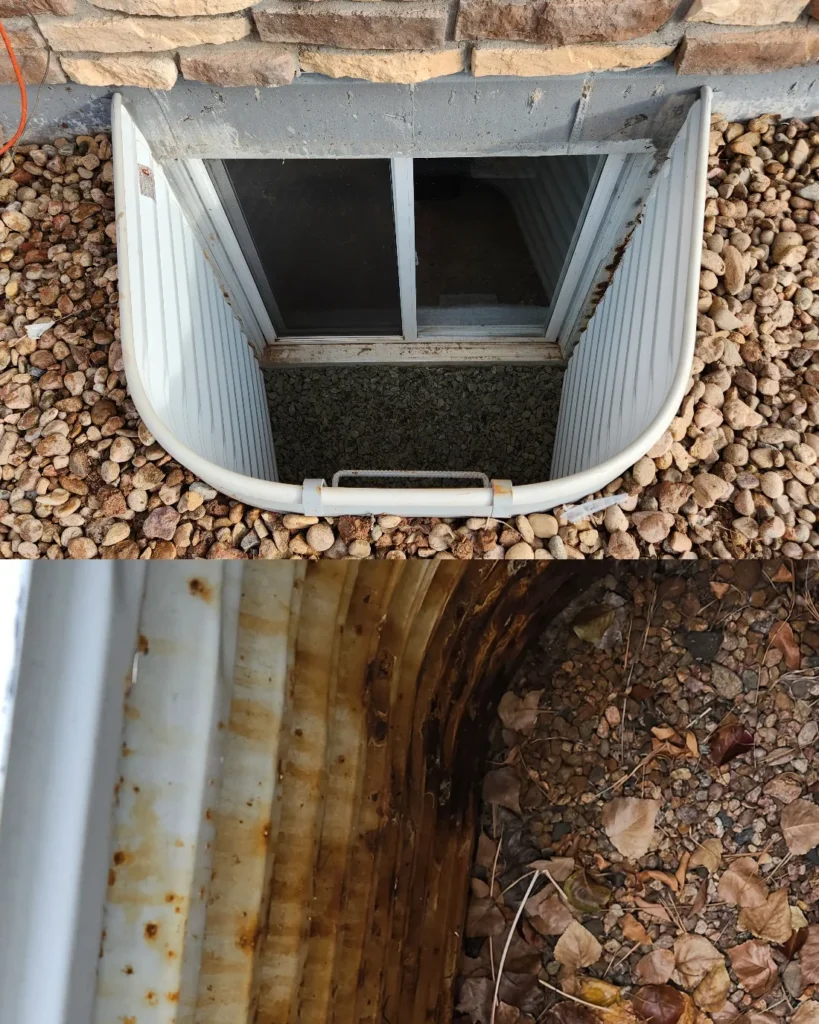 Newly installed galvanized steel window well replacement, securely fitted to protect basement windows and prevent water damage.